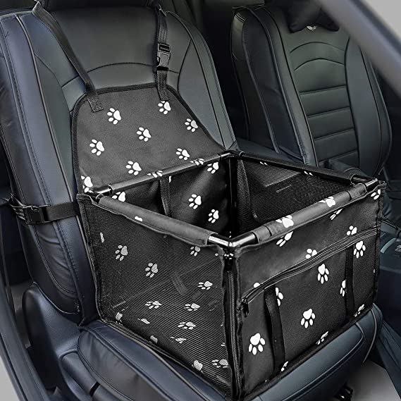 HIPPIH Collapsible Pet Booster Car Seat - Two Support Bars, Portable Small Dog Cat Car Carrier with Safety Leash and Zipper Storage Pocket (Black with paw prints)