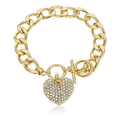 Buedvo Women Goldtone Clear Iced Out Heart 8.5 Inch Cuban Link 12mm Toggle Bracelet