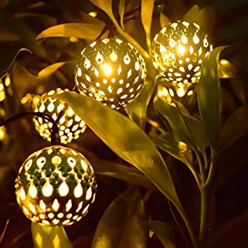 Hann LED Solar Globe String Lights, 12ft 10 LEDs Moroccan Orb Ball, Waterproof Ambiance Lighting, 3000K Warm White, Starry Fairy Lights for Outdoor Garden Yard Patio Party Christmas Party