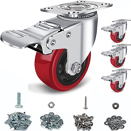Caster Wheels 3 inch Set of 4, with Safety Dual Locking Bearing Casters, and Polyurethane Foam No Noise Wheels, Heavy Duty - 250 Lbs Per Casters(Bonus of 2 Hardware Kits)