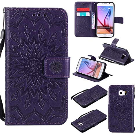 KKEIKO Galaxy S6 Case, Galaxy S6 Flip Leather Case [with Free Tempered Glass Screen Protector], Shockproof Bumper Cover and Premium Wallet Case for Samsung Galaxy S6 (Purple)