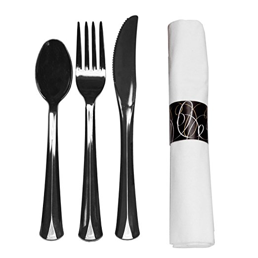 Party Essentials Napkin Rolls with Heavy Duty Black Cutlery, 25 Place Settings