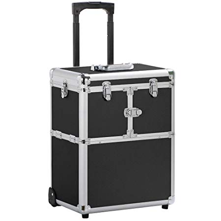 Yaheetech Pro Aluminum Rolling Makeup Case Salon Cosmetic Box Organizer Trolley Beauty Train Case,Black