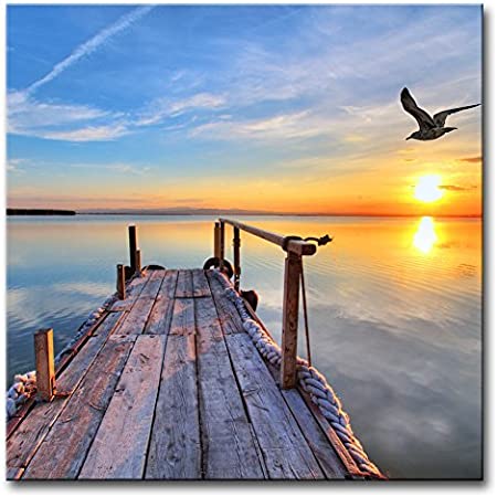 My Easy Art? Modern Canvas Painting Wall Art The Picture for Home Decoration Pier with Bird Flying and Colourful Sky at Sunset Lake Landscape Print On Canvas Giclee Artwork for Wall Decor