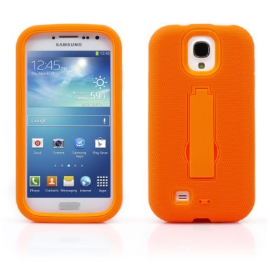 Galaxy S4 Case MagicMobile Hybrid Shockproof Impact Protective Case for Galaxy S4 Orange - Orange Hard Plastic Soft Rugged Rubber Silicone Armor Defender Heavy Duty Galaxy S4 Case with Kickstand
