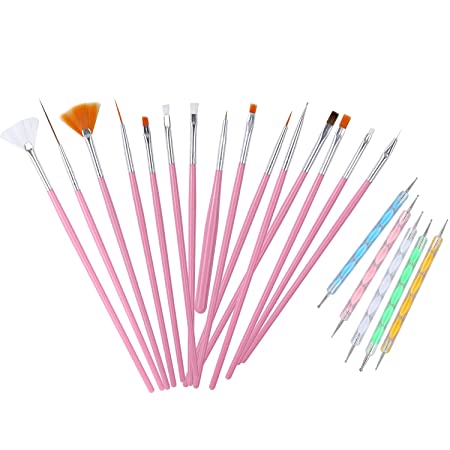 Tfscloin UV Gel Acrylic Nail Brush Painting Drawing Pen Brush Set with Dotting Pen Tools 20pcs Nail Art Tips Builder Brush