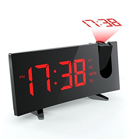 Projection Alarm Clock, Pictek Alarm Clock with 5-inch Large Curved LED Dimmable Screen, 12/24 Hour Digital Ceiling Clock with FM Radio, Sleep Timer with Dual Alarms and Snooze Function for Kids, Battery Backup