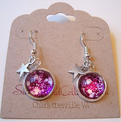 Silver-Tone Glitter Glass Star Galaxy Dangle Earrings Magenta Pink and White