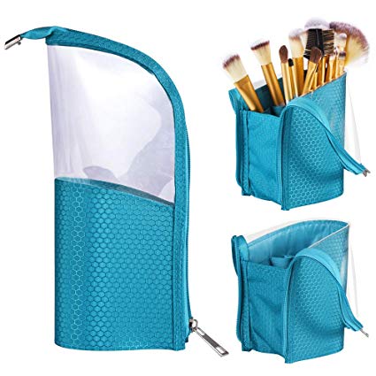 Clear Make-up Brush Cup Holder Organizer Bag with Slot, Travel Pencil Pen Case for Desk, Plastic Cosmetic Zipper Pouch, Portable Stand-Up Waterproof Dust-Free Small Toiletry Stationery Bag, Blue-Green