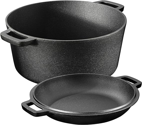 Navaris Sarten hierro fundido con tapa - Sartén holandesa con 2 asas - Apta para cualquier cocina y horno - Sartén sazonada 32 cm de 4,7 l de capacidad - Con manual y recetas