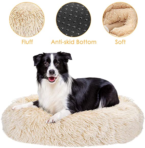 SlowTon Dog Calming Bed, Donut Cuddler Nest Warm Soft Plush Dog Cat Cushion with Cozy Sponge Non-Slip Bottom for Small Medium Pets Snooze Sleeping Autumn Indoor, Machine Washable (27.6*27.6 Inch, Khaki)…