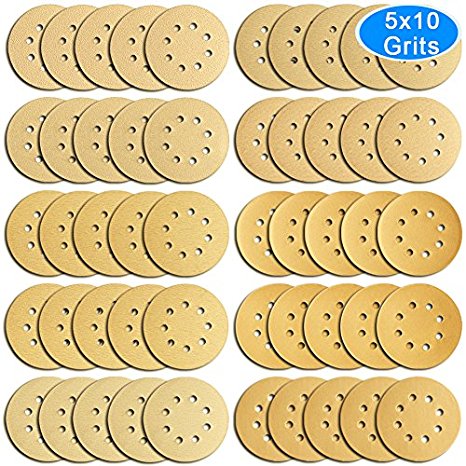 AUSTOR 50 Pieces Gold Sanding Discs, 5 Inch 8 Holes Dustless Hook and Loop 60/ 80/ 100/ 120/ 150/ 180/ 240/ 320/ 400/ 800 Grit Sandpaper Assortment for Random Orbital Sander