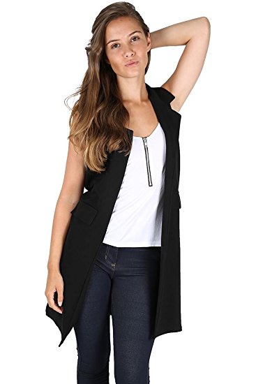 Oops Outlet New Womens Ladies Sleeveless Long Mock Pocket Duster Coat Waistcoat Smart Blazer Plus Size UK 8-22