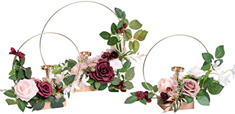 Ling's moment Candle Holder Hoop Wreath Floral Centerpieces for Sweetheart Table, Head Table, Ceremony Reception Artificial Flowers Wedding Decorations (Set of 3, Dusty Rose)