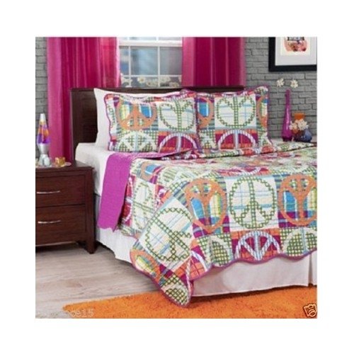 Girls Peace Pink Orange Green Bedding Set with Shams Includes Scented Candle Tart (full/queen)