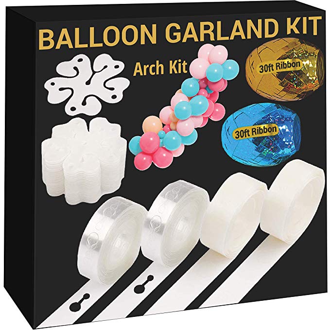 JOYEZA Balloon Garland Kit, Arch Strip Decorating Strip Tape Kit - 32ft Strip 200 Glue Dot, 60ft Ribbon, Flower Clips - Easy to Use - for Party Wedding Birthdays Baby Shower DIY Ballon Decorations