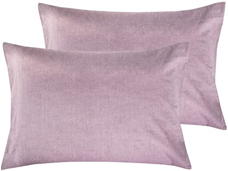 NTBAY Washed Cotton Queen Size Pillowcases, 2 Pack Breathable Yarn Dyed Solid Envelope Closure Pillow Cases, 20 x 30 Inches, Light Purple