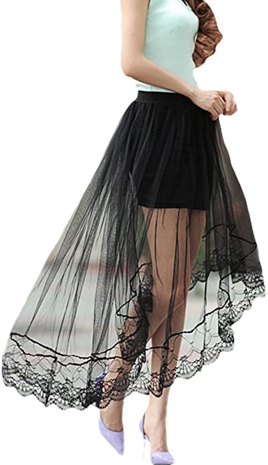 Women's High Low Mesh Net Lace Overlay Maxi Skirt Black