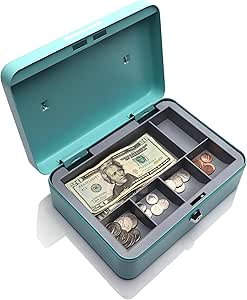 Honeywell Safes & Door Locks - Standard Money Lock Box with Key Lock - Steel Security Cash Box with 1 Removable Cash Tray & 5 Coin Slots - Durable & Scratch Resistant Money Box - 0.14 CU, Teal, 6112TL