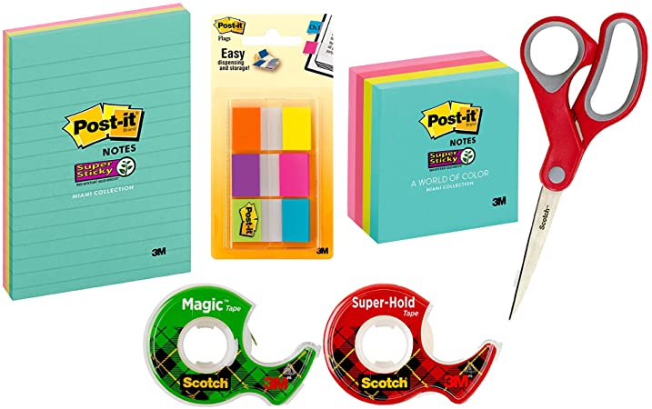 Post-it and Scotch Brand Essentials Pack, Office Supplies, Includes Post-it Super Sticky Notes, Post-it Flags, Scotch Magic and Super Hold Tape, and Scotch Multi-Purpose Scissors (Anywhere-SIOC)