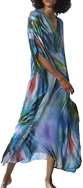 Bsubseach Women's Print Turkish Kaftan Beachwear Bikini Cover Up Maxi Dress