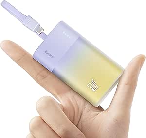 Baseus Power Bank Mini, PD 20W Fast Charging, 5200mAh Portable Charger, Built-in USB-C Cable, Lightweight, USB-C Port, Cute & Handy, Compatible with Galaxy, Sony and Google Type-C Devices (Purple)