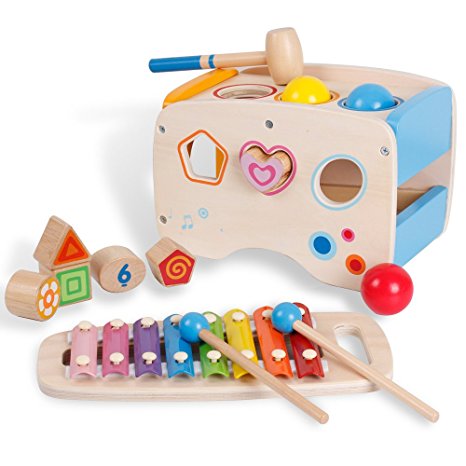 3 in 1 Wooden Educational Set Slide out Xylophone and Pounding Toys with Shape Matching Blocks for Kids