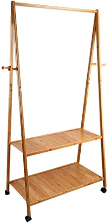 Feibrand Clothes Rails for Hanging Coat Stand with Shoe Racks Bamboo Wooden with Hooks for Hall 80 x 40 x 165 centimetres