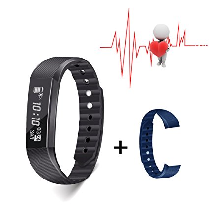 Slicemall Fitness Tracker with Heart Rate Monitor Watch Activity Step Pedometer Bracelet Sport Equipment for Men Women and Kids for iOS & Android App - Black, Free One Pair Wristband