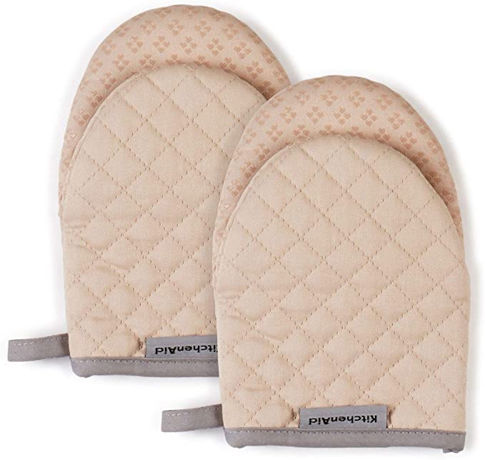 KitchenAid Asteroid Mini Cotton Oven Mitts with Silicone Grip, Set of 2, Beige 2 Count