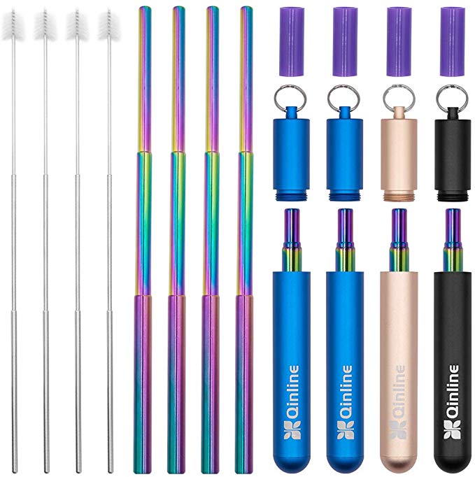 Reusable Collapsible Straws 4 PCS Rainbow 9.25” Metal Telescopic Keychain Straw Stainless Steel Drinking Straw for Water Coffee Smoothie with Cleaning Brush & Case - Best Christmas Gifts for Family