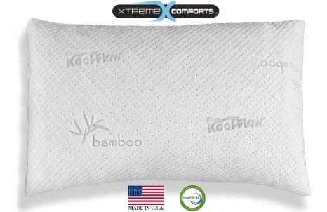 Slim Hypoallergenic Bamboo Pillow - Shredded Memory Foam With Kool-Flow Micro-Vented Bamboo Cover - Made in the USA by Xtreme Comforts - Hypoallergenic and Dust Mite Resistant Queen
