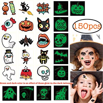 150pcs Assorted Halloween Tattoos, 26 Designs including Glow in the dark Children Temporary Tattoos