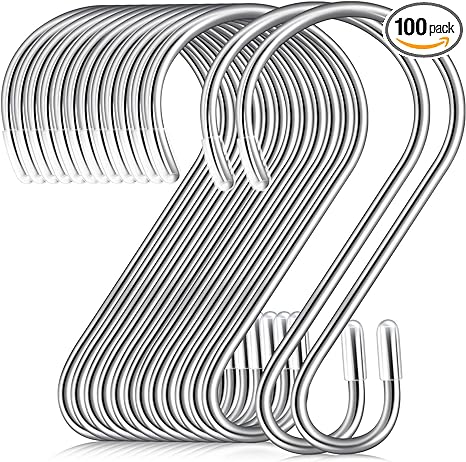 100 Pieces 3.15 Inch S Shaped Stainless Steel Hooks Metal Hanging Hooks Curtain Hooks Pan Pot Holder Rack Hooks for Hanging Pot, Pan, Cups, Plants, Bags, Jeans, Towels (Silver)
