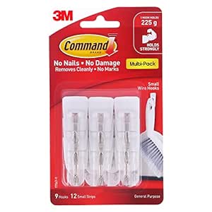 3M Command Pack 9 Hooks, Holds Upto 225Gms,Removable,Comes Off With No Paint Damage,Small Wire Wall Hooks, Reusable, Adhesive Plastic Hooks For Wall, Multi-Surface Damage Free Hooks (White, 9 Hooks)