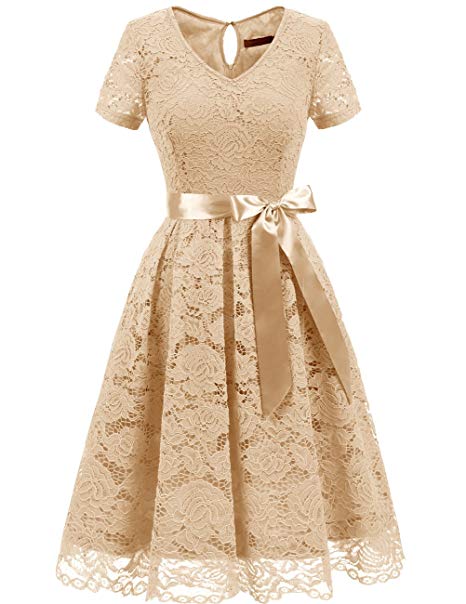 Dresstells Women's Elegant Bridesmaid Dress Floral Lace Dresses with Short Sleeves