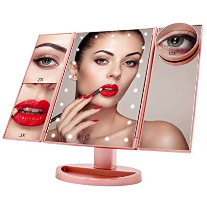 Makeup Vanity Mirror with 21 LED Lights, COSMIRROR Trifold Lighted Makeup Mirror with 1X/2X/3X/10X Magnification and Touch Screen, 180 Degree Rotation, Dual Power Supply Light Up Mirror (Rose gold)