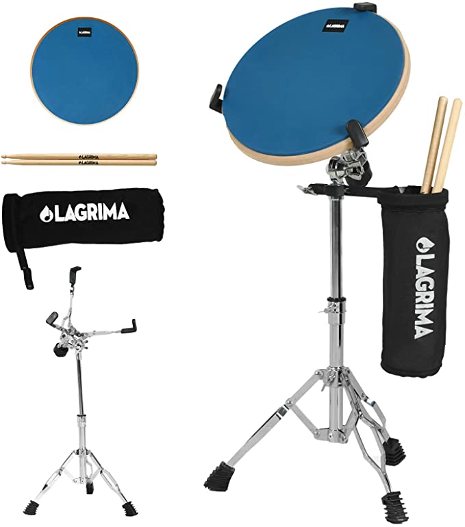 LAGRIMA 12 Inch Professional Silent Drum Practice Pad With Snare Drum Stand Adjustable Kit, Dumb Drum Beginner Rubber Practice Pad, Blue
