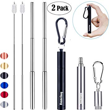 [Updated] 2 Pack Portable Collapsible Reusable Straws - Telescopic Stainless Steel Metal Travel Straw Drinking with Case, Cleaning Brush and Keychain, by Huameilong (Black and Sliver)
