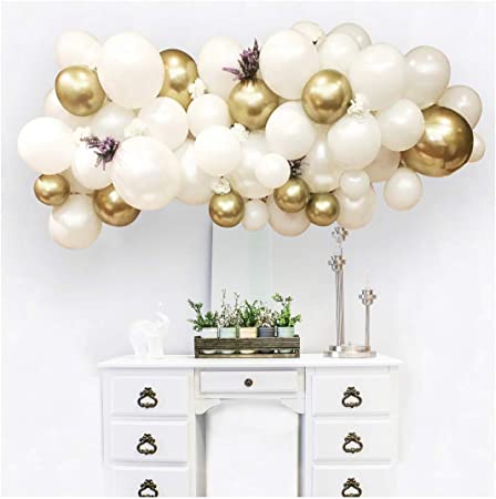 100 Pcs Chrome Pearl White & Metallic Gold Latex Balloons Arch & Garland Kit for Wedding, Baby Shower Party Decorations
