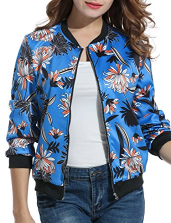 ACEVOG Womens Classic Zipper Floral Printed Jacket Short Bomber Jacket Coat