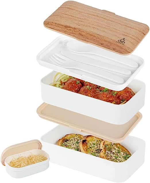 Restaurantware Bento Tek 41 oz Wood Grain and White Buddha Box All-in-One Lunch Box - with Utensils, Sauce Cup - 7 1/4" x 4 1/4" x 4" - 1 count box