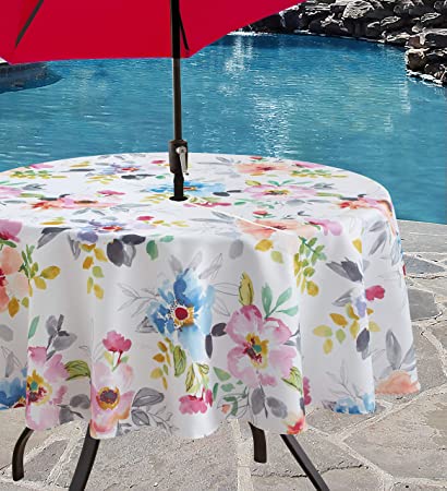 Benson Mills Indoor Outdoor Spillproof Tablecloth for Spring/Summer/Party/Picnic (Harper, 70" Round with Umbrella Hole)