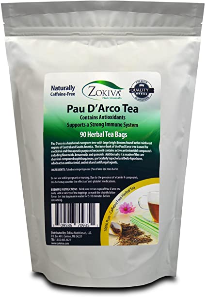 Zokiva Nutritionals - PAU D'arco Tea Bags - 90 Premium Ipe Roxo Bark Tea Bags - 100% Pure All-Natural Immune System Support in a Stand up Resealable Foil Pouch