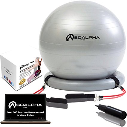 So Alpha Premium Exercise Ball with 15LB Resistance Bands, Stability Base, & Pump, 65 CM Fitness Ball, Supports up to 600LBS, Stability Ball with Gym Quality Resistance Bands, Great for Home & Office