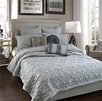 Adream Faux Silk/Cotton Floral Pattern Quilted Bedspread Coverlet Quilt Comforter, Queen (86"*94") (3PC, Gray)