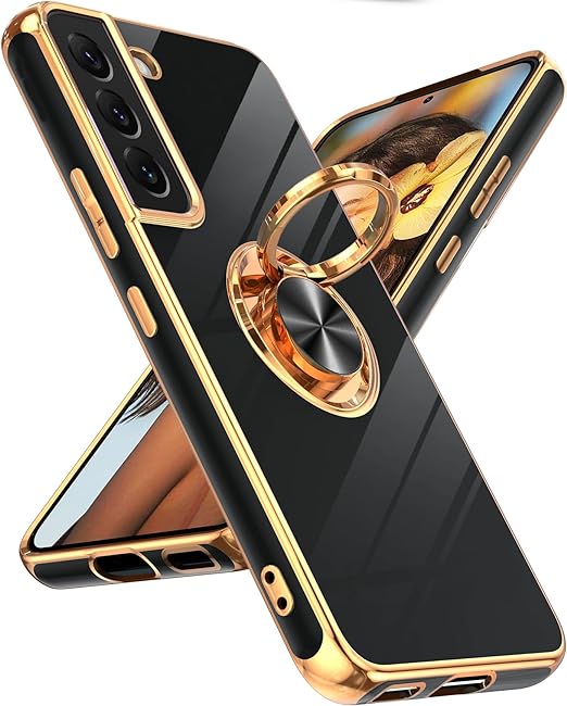 LeYi for Samsung Galaxy S22 Case 360° Rotatable Ring Holder Magnetic Kickstand, Plating Rose Gold Edge Protective S22 Case, Black