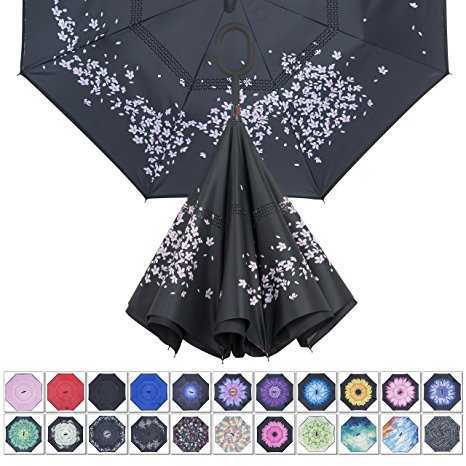 DealBang Inverted Double Layer Umbrella Reverse Umbrella,Windproof Tested UV Protection Big Straight Umbrella for Car Outdoor Use with C-shaped Free Handle and Carrying Bag