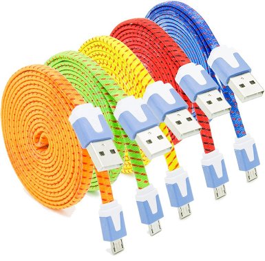 Micro USB Cable, Eversame 5-Pack 6Ft 2M Nylon Braided Micro USB 2.0 Sync Charging Cord for Samsung Galaxy Note 5/S6 Edge Plus, HTC One M8, LG G3, Android Phones and more-Red Yellow Blue Green Orange