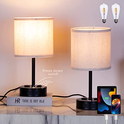 Set of 2 Bedside Lamp,COOSA 2-Way Dimmable Touch Lamp Bedside Lamp with 2 USB Charging Port and 2 AC Outlets,Modern Nightstand Lamp with Fabric Shade for Home Office,E26 Edison Bulb Included